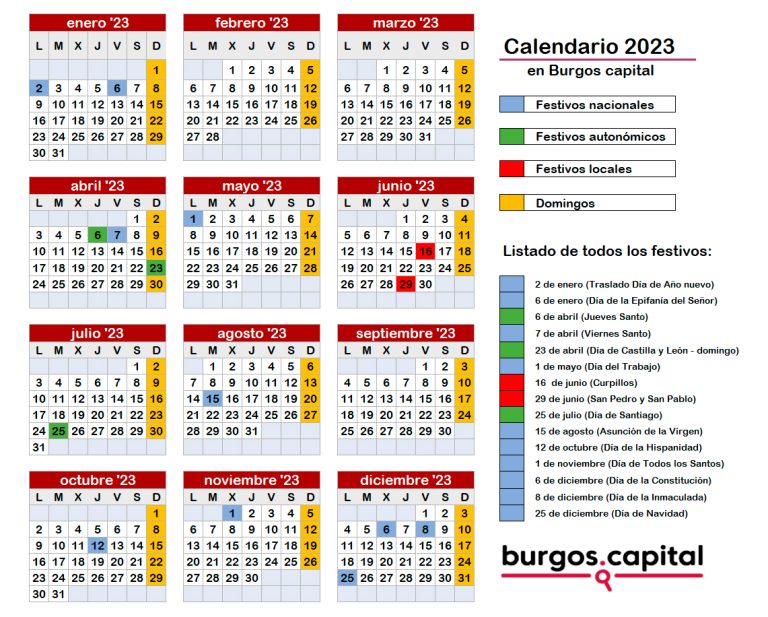 Calendario de Festivos 2023 en Burgos capital Calendario de Festivos 2023 en Burgos capital
